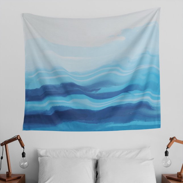 Blue Ocean Watercolor Abstract Sea Monogram Tapestry (Creator Uploaded)