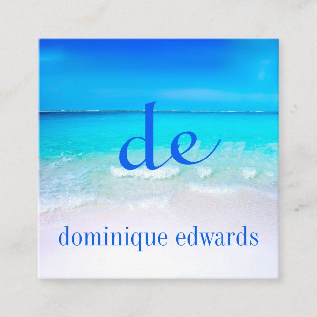Blue Ocean Wave Beach Scene Modern Monogram Square Square Business Card (Front)