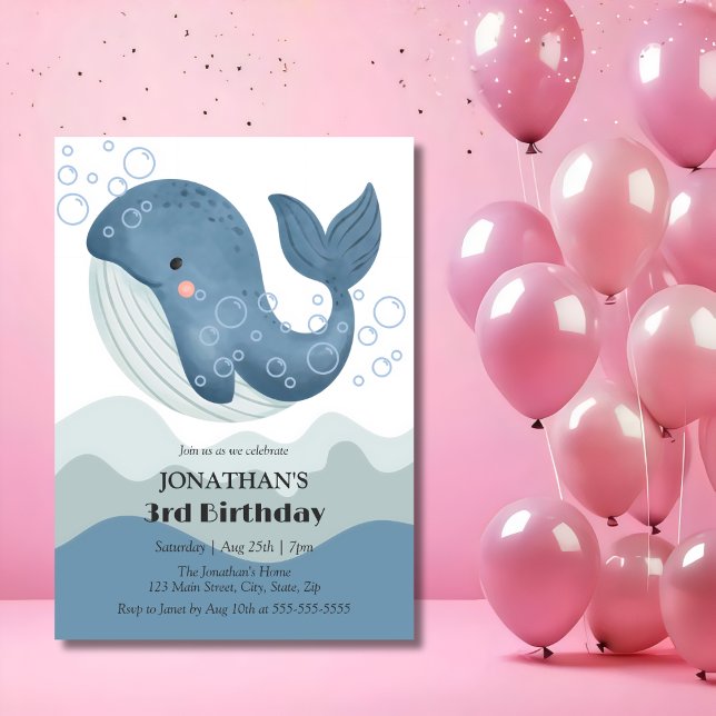 Blue Ocean Wave Bubble Whale Kids Birthday Invitation (Creator Uploaded)