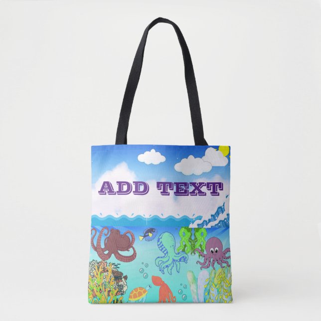Blue Ocean Wave Octopus Coral Garden Tote Bag (Front)