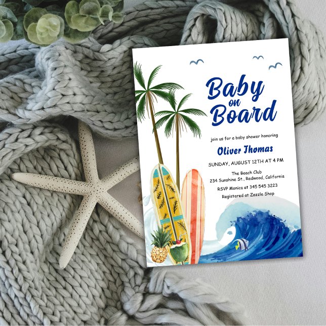 Blue Ocean Wave Surfboard Baby Shower Invitation (Blue Ocean Wave Surfboard Baby Shower Invitation)