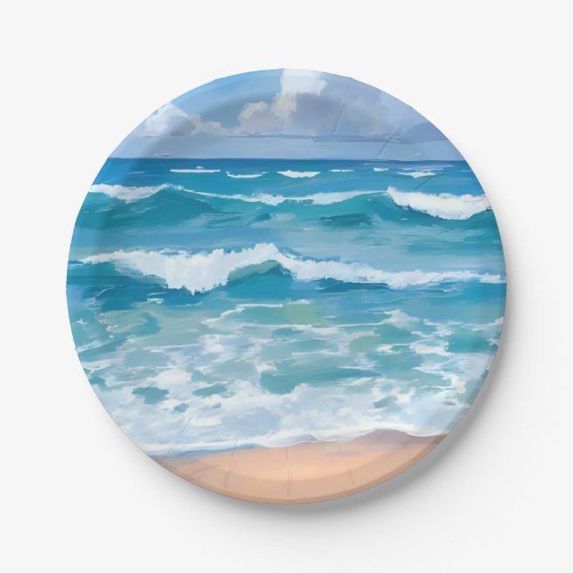 Blue Ocean Waves | Beach Sea Watercolor  Paper Plate (Front)