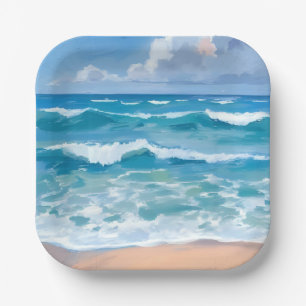 Blue Ocean Waves   Beach Sea Watercolor  Paper Plate