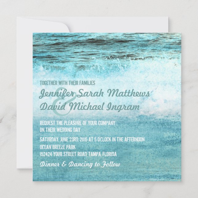 Blue Ocean Waves Beach Wedding Invitations (Front)
