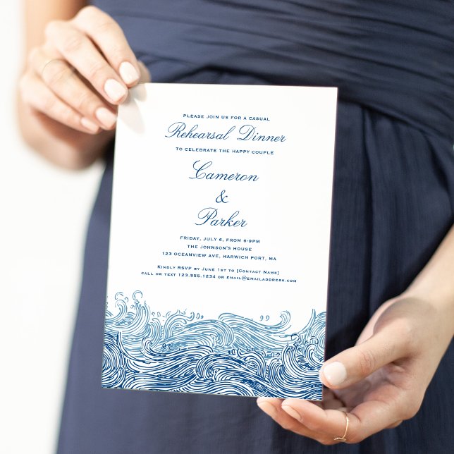 Blue Ocean Waves Casual Wedding Rehearsal Dinner Invitation (Navy Blue Ocean Waves Casual Rehearsal Dinner invitation for a Coastal Chic Wedding Concertina Press)