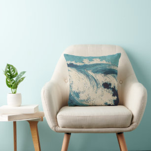 Blue Ocean Waves Japanese Woodcut  Cushion