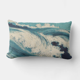 Blue Ocean Waves Japanese Woodcut Lumbar Cushion
