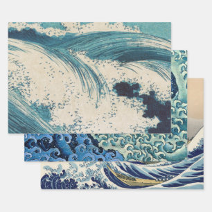 Blue Ocean Waves Japanese Woodcut  Wrapping Paper Sheet
