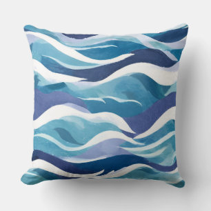 Blue Ocean Waves Modern Simplistic Watercolor Cushion