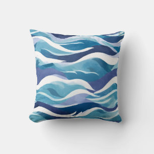 Blue Ocean Waves   Modern Simplistic Watercolor  Cushion