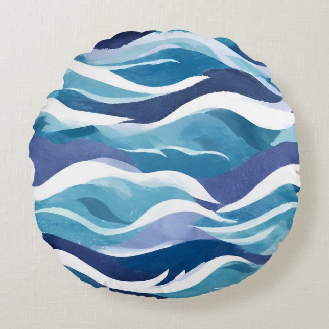 Blue Ocean Waves | Modern Simplistic Watercolor  Round Cushion (Front)