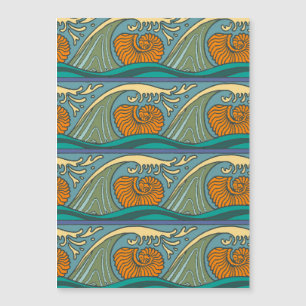 Blue Ocean Waves Nautilus Seashell Pattern Nouveau