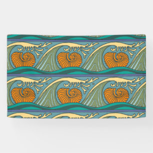 Blue Ocean Waves Nautilus Seashell Pattern Nouveau Banner