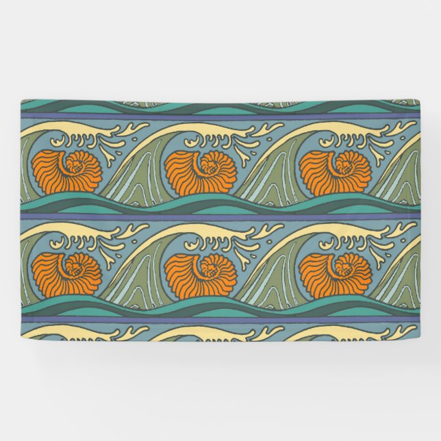 Blue Ocean Waves Nautilus Seashell Pattern Nouveau Banner (Horizontal)