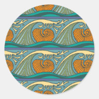 Blue Ocean Waves Nautilus Seashell Pattern Nouveau