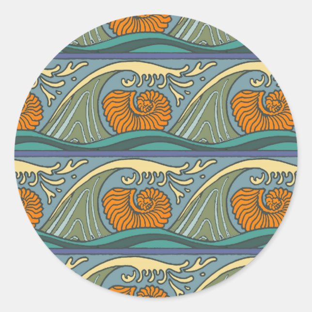 Blue Ocean Waves Nautilus Seashell Pattern Nouveau Classic Round Sticker (Front)