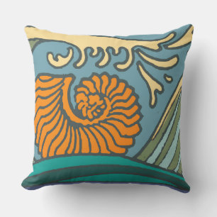 Blue Ocean Waves Nautilus Seashell Pattern Nouveau Cushion