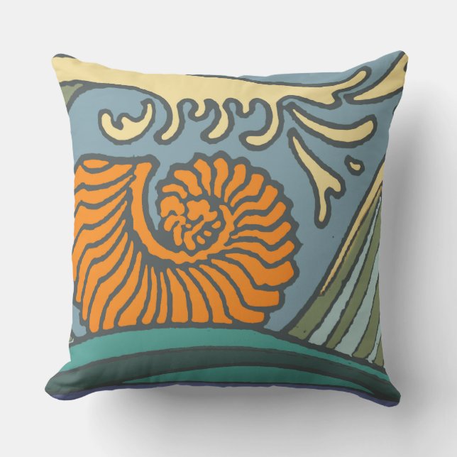 Blue Ocean Waves Nautilus Seashell Pattern Nouveau Cushion (Front)