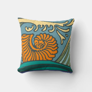 Blue Ocean Waves Nautilus Seashell Pattern Nouveau Cushion