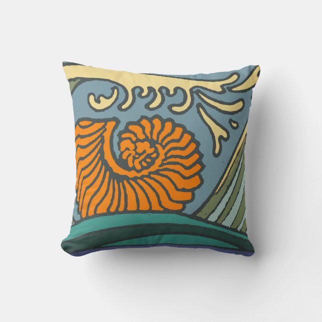 Blue Ocean Waves Nautilus Seashell Pattern Nouveau Cushion (Front)