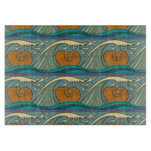 Blue Ocean Waves Nautilus Seashell Pattern Nouveau Cutting Board