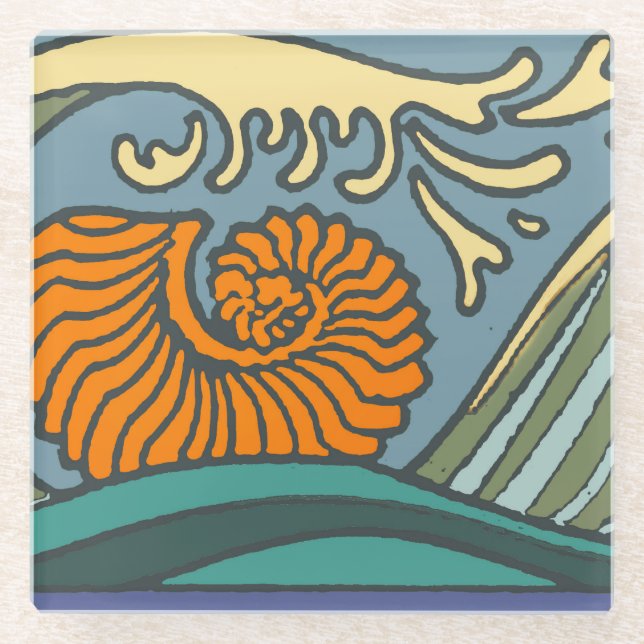 Blue Ocean Waves Nautilus Seashell Pattern Nouveau Glass Coaster (Front)