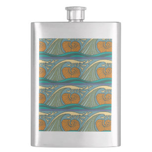 Blue Ocean Waves Nautilus Seashell Pattern Nouveau Hip Flask