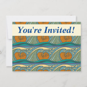 Blue Ocean Waves Nautilus Seashell Pattern Nouveau Invitation