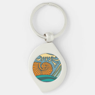 Blue Ocean Waves Nautilus Seashell Pattern Nouveau Key Ring