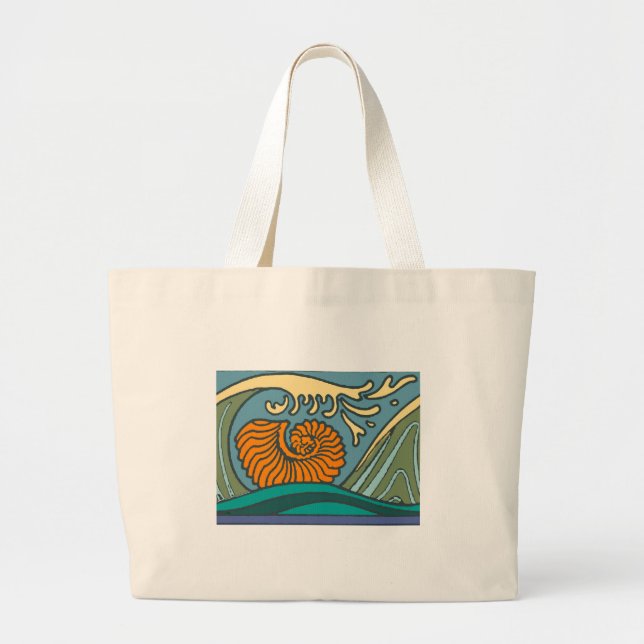 Blue Ocean Waves Nautilus Seashell Pattern Nouveau Large Tote Bag (Front)