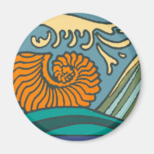 Blue Ocean Waves Nautilus Seashell Pattern Nouveau Magnet