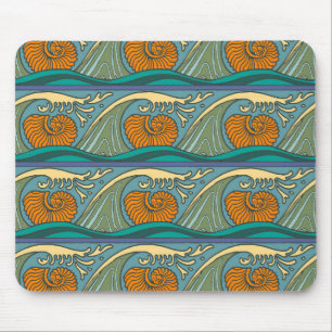 Blue Ocean Waves Nautilus Seashell Pattern Nouveau Mouse Pad