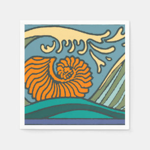 Blue Ocean Waves Nautilus Seashell Pattern Nouveau Napkin