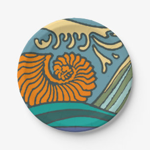 Blue Ocean Waves Nautilus Seashell Pattern Nouveau Paper Plate