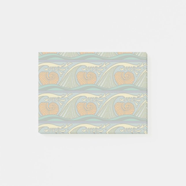 Blue Ocean Waves Nautilus Seashell Pattern Nouveau Post-it Notes (Front)