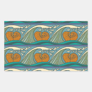 Blue Ocean Waves Nautilus Seashell Pattern Nouveau Rectangular Sticker