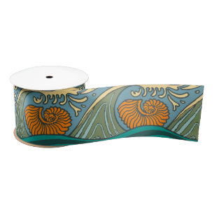 Blue Ocean Waves Nautilus Seashell Pattern Nouveau Satin Ribbon