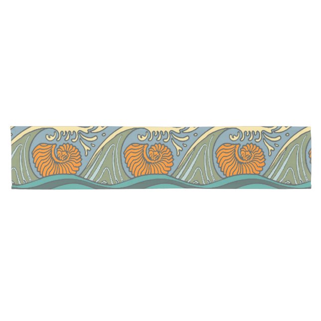 Blue Ocean Waves Nautilus Seashell Pattern Nouveau Short Table Runner (Horizontal)