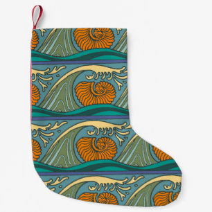 Blue Ocean Waves Nautilus Seashell Pattern Nouveau Small Christmas Stocking
