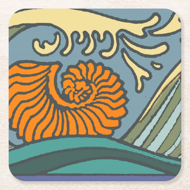 Blue Ocean Waves Nautilus Seashell Pattern Nouveau Square Paper Coaster (Front)
