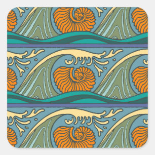 Blue Ocean Waves Nautilus Seashell Pattern Nouveau Square Sticker