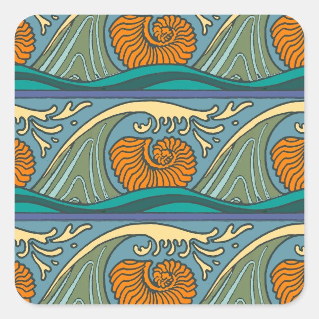 Blue Ocean Waves Nautilus Seashell Pattern Nouveau Square Sticker (Front)