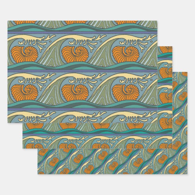 Blue Ocean Waves Nautilus Seashell Pattern Nouveau Wrapping Paper Sheet (Set)