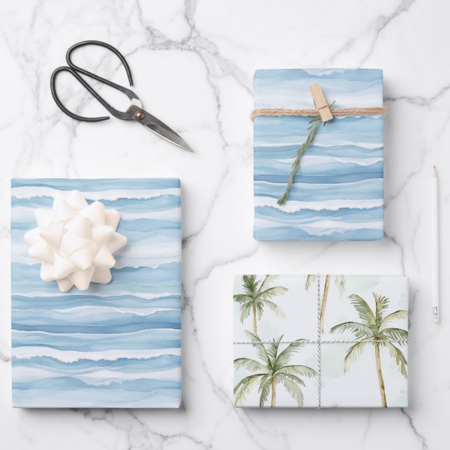 Blue Ocean Waves Palm Trees Wedding Wrapping Paper Sheet (Front)