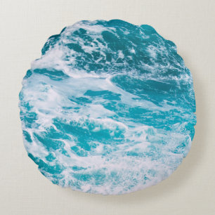 Blue Ocean Waves Round Cushion