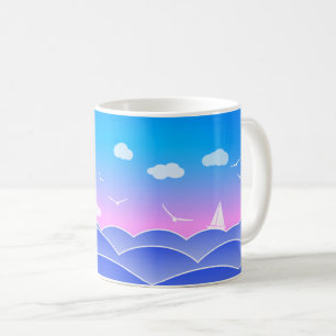 Blue Ocean Waves, Sailboat, Seagulls, Seascape Coffee Mug