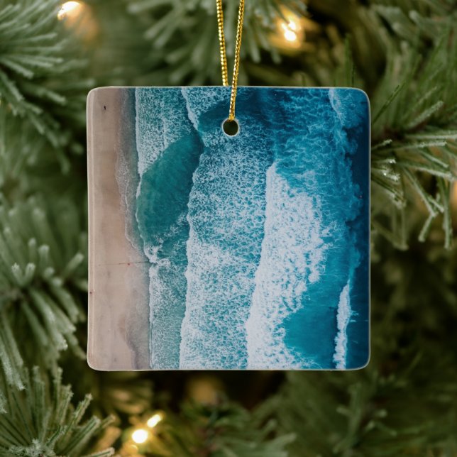 Blue Ocean Waves Sandy Beach Ceramic Ornament (Tree)