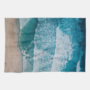 Blue Ocean Waves Sandy Beach Tea Towel