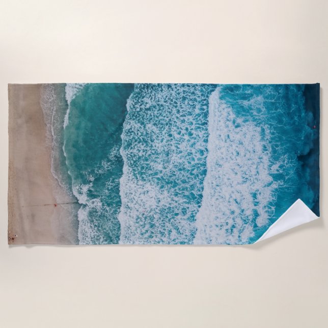 Blue Ocean Waves Sandy Beach Towel (Front)