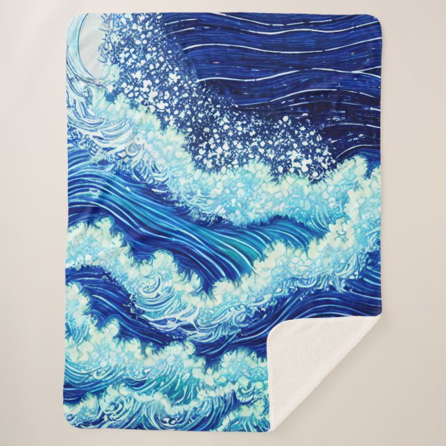 Blue Ocean Waves Sherpa Blanket (Front)